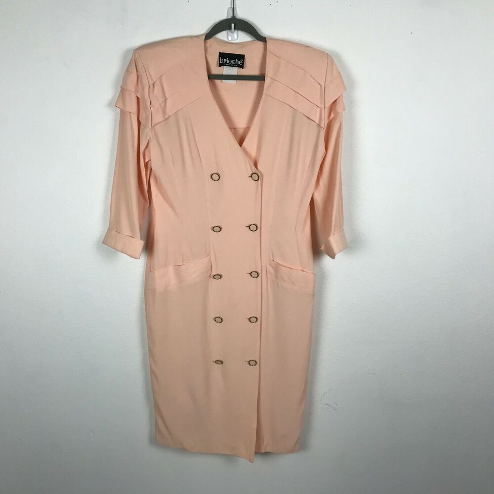 Vintage‎ 1980s Brioche Sheath Dress Size L Peach 3/4 Sleeve Acetate Blend
